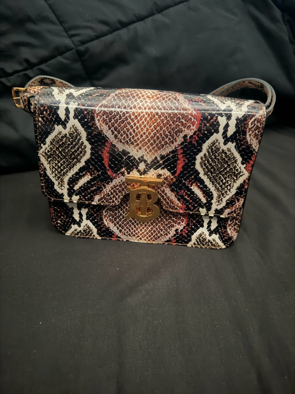 Authentic Burberry Small Python Print TB Bag Soft with Gold TB Lock